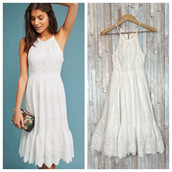 Anthropologie Dresses & Skirts - Maeve Anthropologie Tiered Eyelet Flounce Midi Dress White Halter Embroidered  0